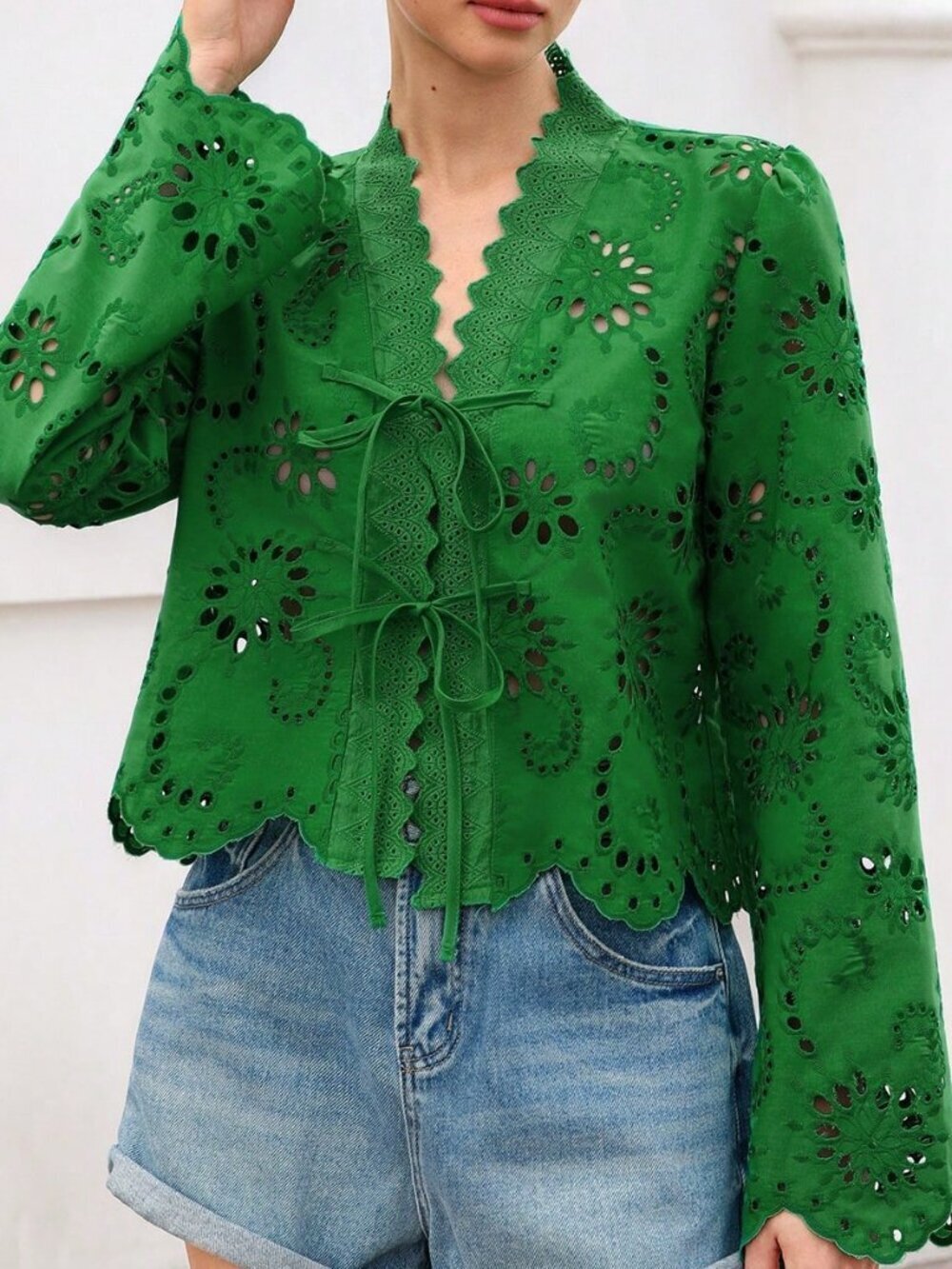 Green Boho Women's Loose Long Sleeve Blouse - Picture 3 of 6